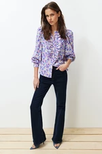 Trendyol Purple High Neck Frilly Chiffon Floral Woven Shirt