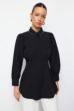 Trendyol Black Waist Fitted Pearl Detail Woven Shirt