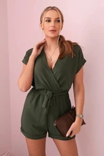 Short jumpsuit with a tie at the waist in khaki