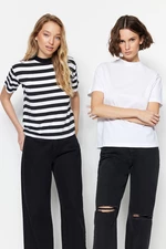 Trendyol White-Black and White Striped 2-Pack Basic Stand Up Collar Knitted T-Shirt