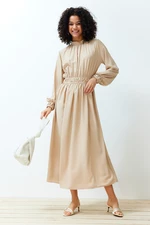 Trendyol Beige Stand Collar Waist and Sleeve Gather Detailed Woven Dress