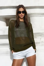 Trendyol Khaki Super Wide Fit Cotton Openwork/Perforated Knitwear Sweater