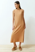 Trendyol Camel Straight Cut Sleeveless Maxi Woven Dress with Piping Detail