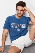Trendyol Blue Relaxed/Comfortable Cut Faded Effect Text Printed Embroidered 100% Cotton T-Shirt