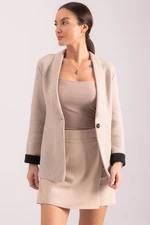 armonika Women's Beige Herringbone Pattern Fold Sleeve Single Button Cachet Jacket