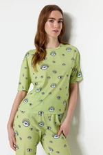 Trendyol Green Eye Patterned T-shirt-Pants Knitted Pajamas Set