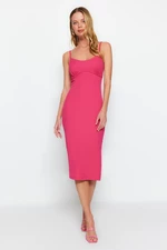 Trendyol Fuchsia Fitted Midi Strappy Ribbed Flexible Knitted Pencil Dress