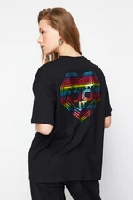 Trendyol Black 100% Cotton Shiny Printed Oversize/Casual Fit Knitted T-Shirt