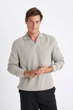 DEFACTO Light Khaki Regular Fit Polo Neck Jacquard Knitwear Sweatshirt