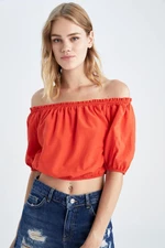 DEFACTO Crop Basic Open Shoulder Half Sleeve Linen Look Basic Blouse