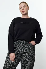 Trendyol Curve Black Slogan Regular Fit Crew Neck Plus Size Sweatshirt