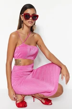 Trendyol Textured Knitted Elegant Evening Dress with Pink Window/Cut Out Detail