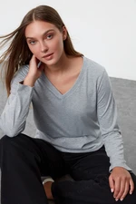 Trendyol Gray Melange 100% Cotton Regular/Normal Fit Basic V-Neck Long Sleeve Knitted T-Shirt