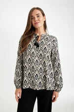 DEFACTO Regular Fit Open Collar Patterned Viscose Long Sleeve Blouse