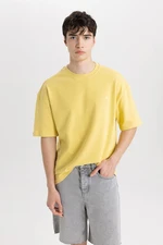 DEFACTO Men's Yellow Oversize Fit Wide Cut Crew Neck Printed Cotton Short Sleeve T-Shirt