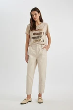 DEFACTO Paperbag Gabardine Trousers High Waist Pocket Basic Straight Standard Leg