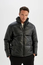 DEFACTO Men's Black Water Repellent Regular Fit Normal Cut Stand Collar Zippered Puffer Faux Leather Jacket