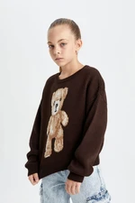 DEFACTO Girl Oversize Fit Wide Pattern Crew Neck Teddy Bear Patterned Knitwear Sweater