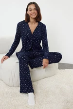 Trendyol Navy Blue 100% Cotton Galaxy Patterned Knitted Pajamas Set