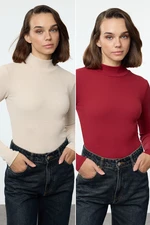 Trendyol Claret Red-Beige 2 Pack Corduroy Stand Collar Fitted Long Sleeve Flexible Knitted Blouse