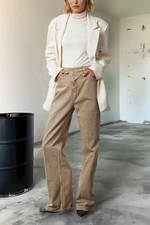 Trendyol Beige Asymmetrical Closure Iron-On High Waist Wide Leg Jeans