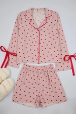 Trendyol Pink-Red Lined Tie/Bow and Piping Detailed Viscose Woven Pajama Set