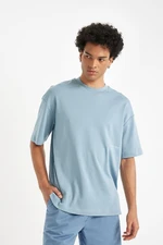 DEFACTO Men's Blue Boxy Fit Wide Cut Crew Neck Printed Cotton Short Sleeve T-Shirt