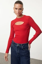 Trendyol Red Cut Out/Window Detailed Crew Neck Ribbed Stretchy Knitted Blouse