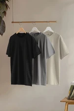 Trendyol Black-Stone-Anthracite Large Size 3-Pack Regular Cut 100% Cotton T-Shirt