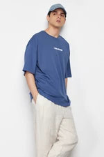 Trendyol Indigo Oversize Text Printed 100% Cotton T-Shirt