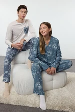 Trendyol Men's Gray - Blue Regular Fit Couple/Double Knitted Pajama Set