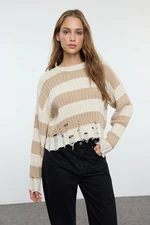 Trendyol Stone Crop Wide Pattern Striped Knitted Sweater