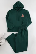 Trendyol Emerald Green Oversize/Wide Cut Hooded Letter Embroidered Tracksuit Set