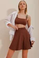 Trend Alaçatı Stili Women's Brown High Waist Striped Flared Skirt