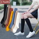 2 Pairs Women Cotton Knee High Socks Black White Solid color Fashion Casual Calf Sock Female Girl Party Dancing Sexy Long Socks