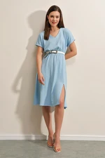 Bigdart 2378 V-Neck Knitted Dress with Slits - Blue