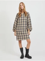 Black-beige ladies plaid dress with balloon sleeves VILA Demi - Ladies