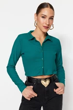 Trendyol Green Knitted Blouse with Buttons/Fitted Polo Neck Creme/Textured Crop