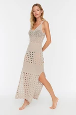 Trendyol Beige Fitted Maxi Knitted Slit Knitwear Look Beach Dress