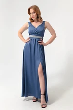 Lafaba Women's Indigo Double Breasted Collar Long Evening Dress with Stones and Belt.