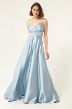 Lafaba Women's Baby Blue Satin Long Evening Dress & Prom Dress with Thread Straps and Waist Belt