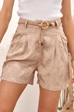 Shorts with embossed pattern, high waist, beige