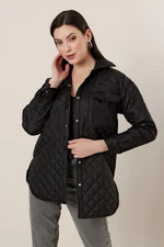 By Saygı Pockets with Snap Fastener, Checkered Patterned Quilted Coat Black