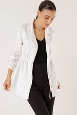 By Saygı Longitudinal Pinstripe Drawstring Waist Coated Sleeves Jacket