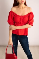 armonika Women's Red Madonna Collar Blouse With Elastic Waist And Sleeves