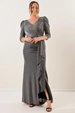 By Saygı Three Quarter-Centural Voluminous Sleeves Lined Long Evening Dress, Plus Size.