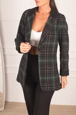 armonika Women's Green Collar Detailed Plaid Oversize Cachet Jacket