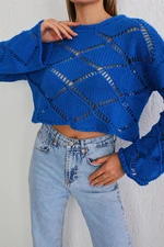 BİKELİFE Women's Blue Hole Detail Spanish Sleeve Crop Knitwear Sweater