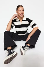 Trendyol Black Crop Polo Collar Basic Striped Knitwear Sweater