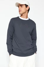 Trendyol Anthracite Men's Regular/Normal Cut Sweatshirt with Text and Embroidery 100% Cotton